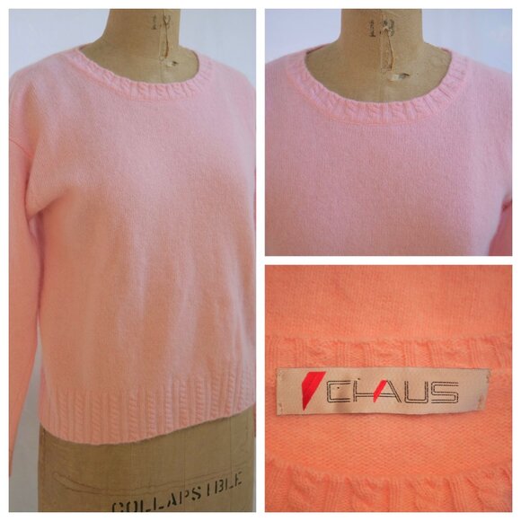 vtg 90s CHAUS Pink Fuzzy Angora Rabbit Hair Wool Crew Sweater Y2K Cottagecore M - Picture 1 of 9